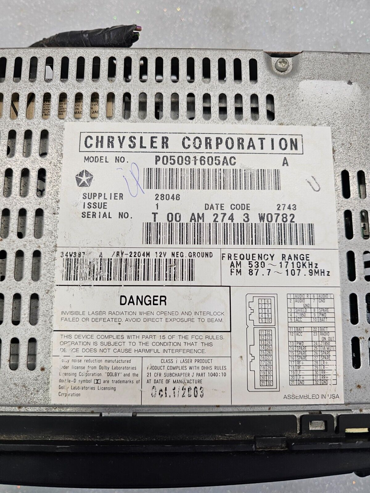 🔥02-07 Chrysler Jeep Dodge Car Truck Radio AM FM CD Player Aux Input RBK Digita